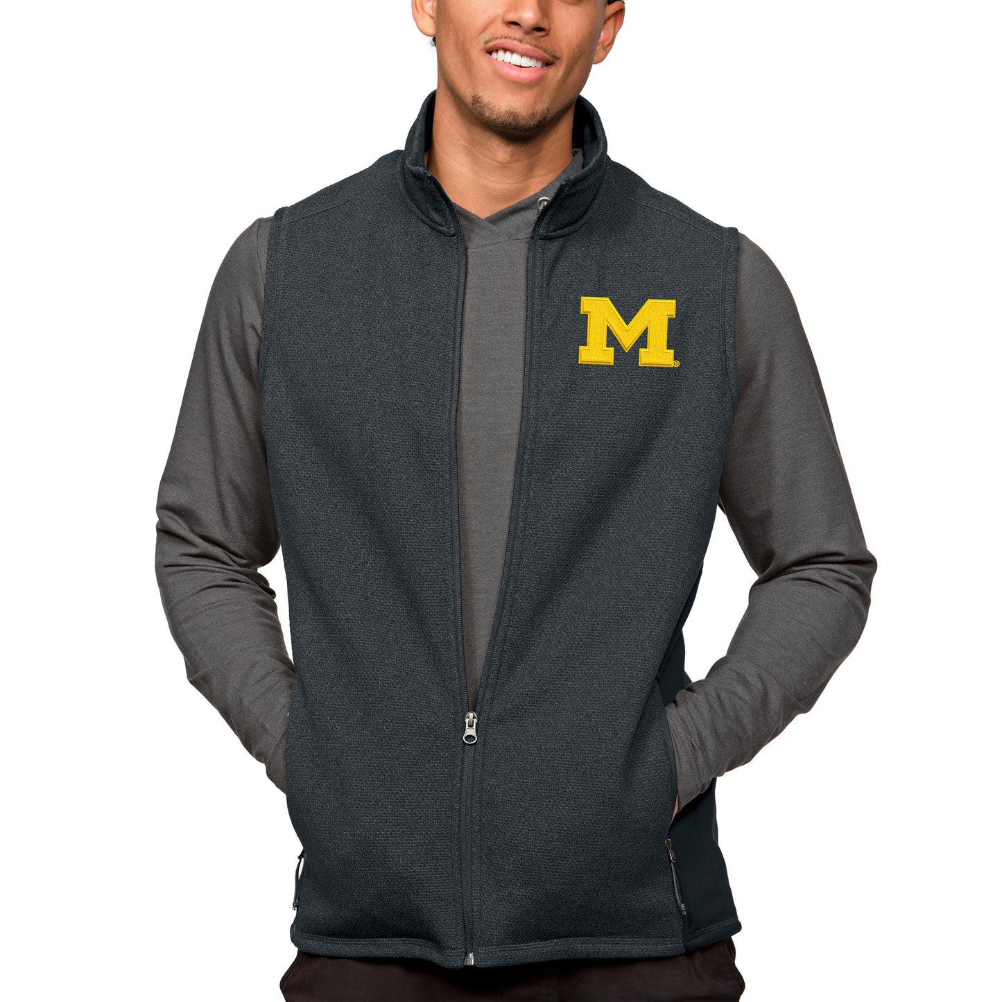 Men's Antigua Heather Charcoal Michigan Wolverines Course Full-Zip Vest