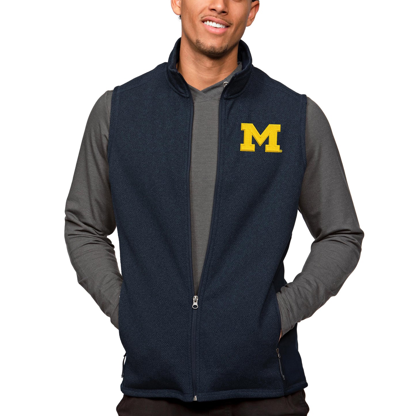 Men's Antigua Heather Navy Michigan Wolverines Course Full-Zip Vest