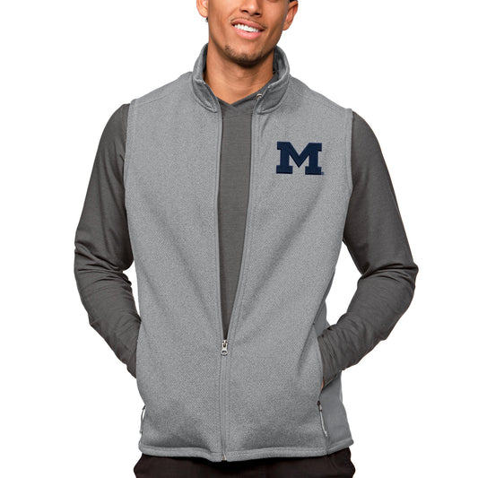 Men's Antigua Heather Gray Michigan Wolverines Course Full-Zip Vest