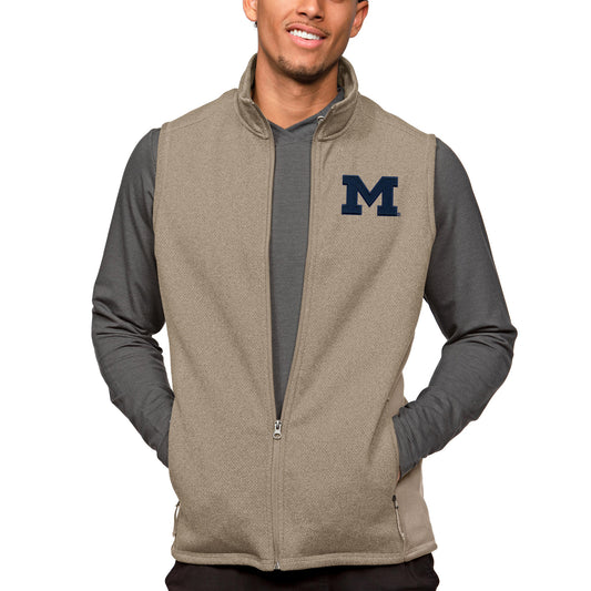 Men's Antigua Oatmeal Michigan Wolverines Course Full-Zip Vest