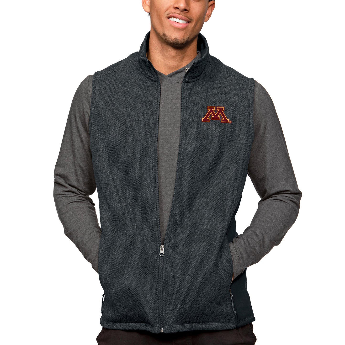 Men's Antigua Heather Charcoal Minnesota Golden Gophers Course Full-Zip Vest