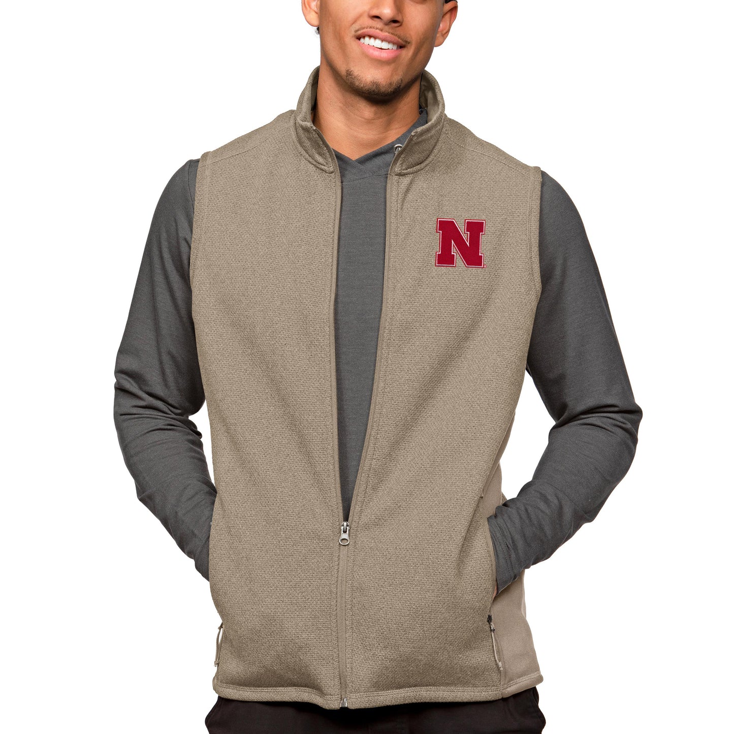 Men's Antigua Oatmeal Nebraska Huskers Course Full-Zip Vest