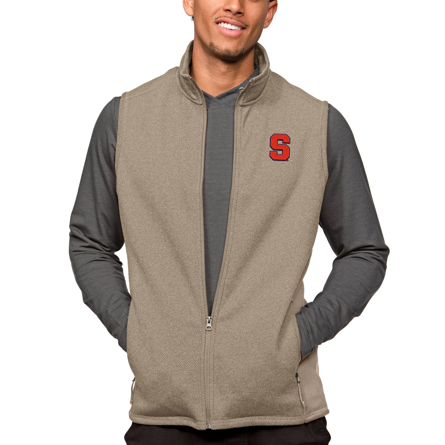 Men's Antigua Oatmeal Syracuse Orange Course Full-Zip Vest