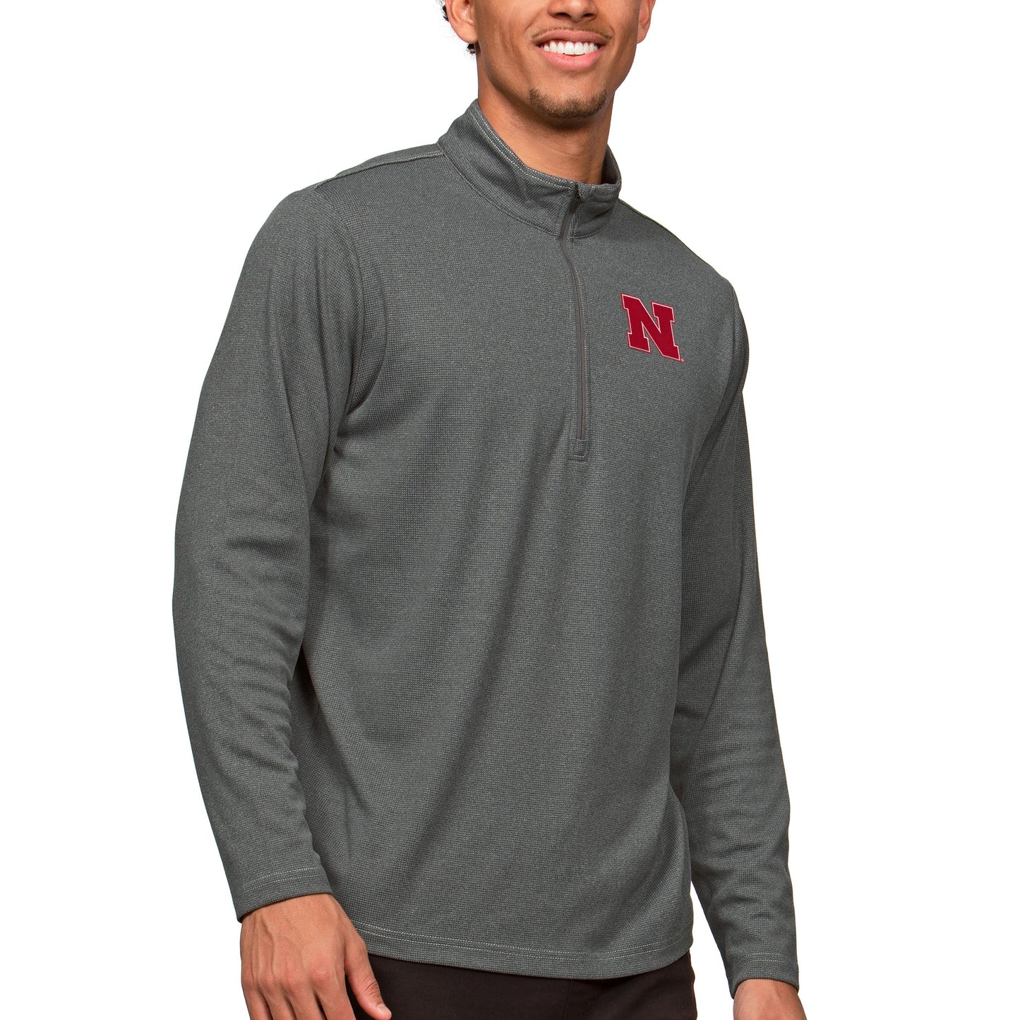 Men's Antigua Heather Charcoal Nebraska Huskers Epic Quarter-Zip Pullover Top