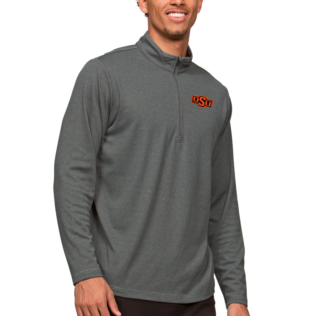 Men's Antigua Heather Charcoal Oklahoma State Cowboys Epic Quarter-Zip Pullover Top