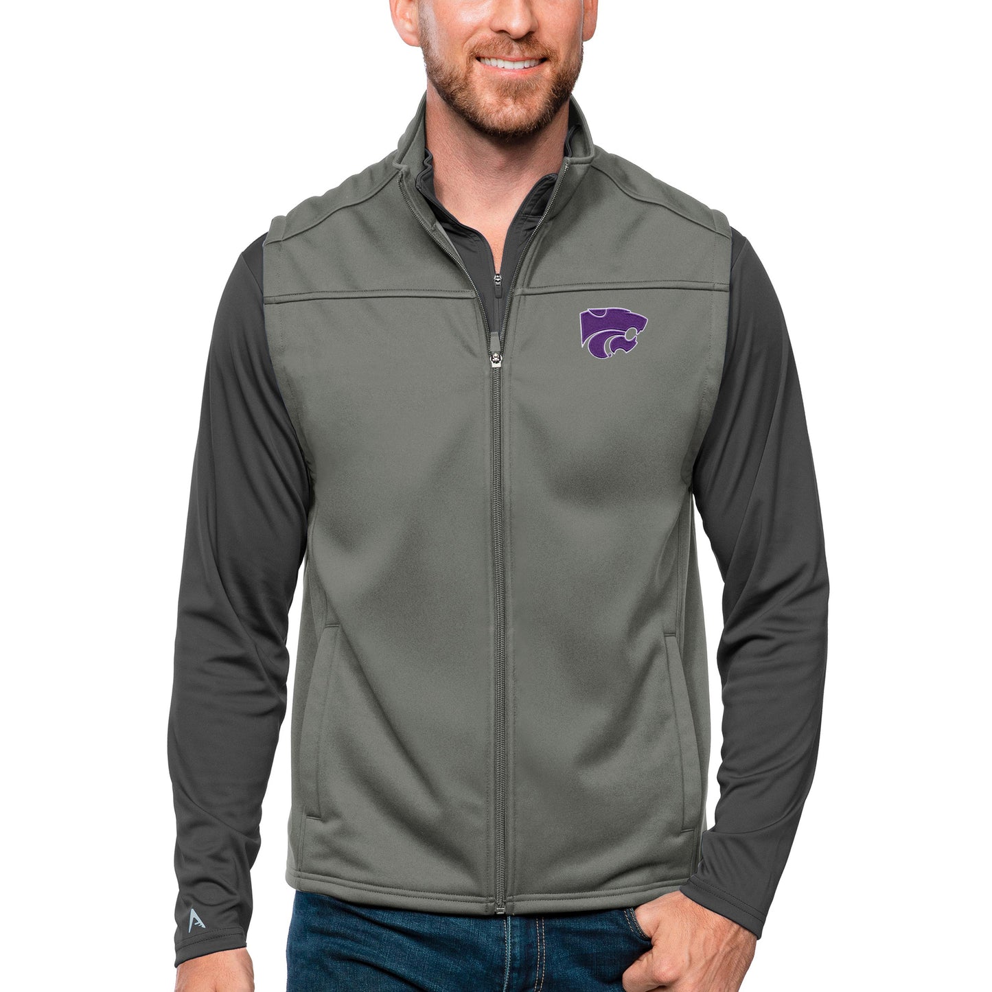 Men's Antigua Steel Kansas State Wildcats Links Full-Zip Golf Vest