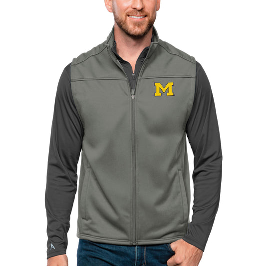Men's Antigua Steel Michigan Wolverines Links Full-Zip Golf Vest