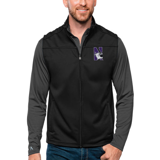 Men's Antigua Black Northwestern Wildcats Links Full-Zip Golf Vest