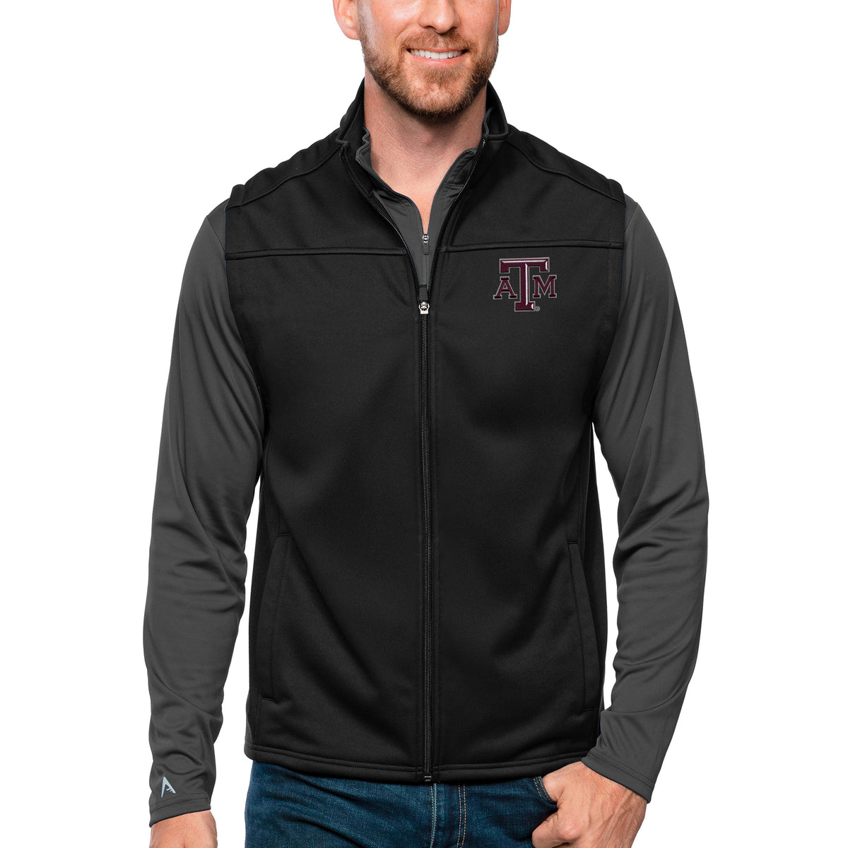 Men's Antigua Black Texas A&M Aggies Links Full-Zip Golf Vest