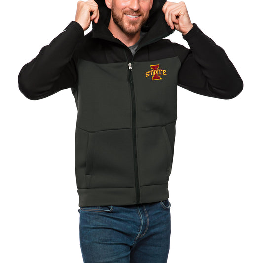 Men's Antigua Black/Charcoal Iowa State Cyclones Protect Full-Zip Hoodie