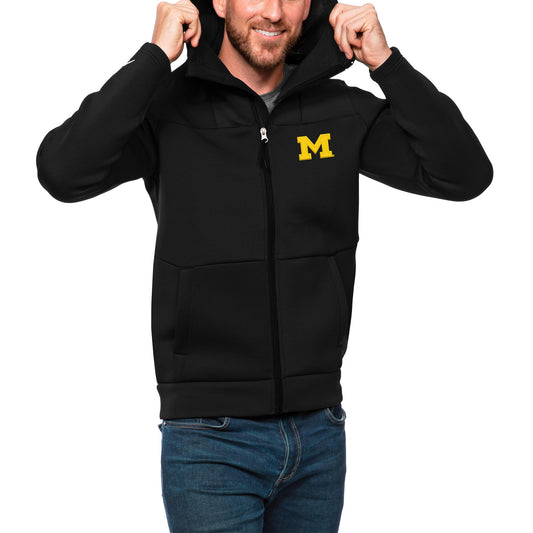 Men's Antigua Black Michigan Wolverines Protect Full-Zip Hoodie