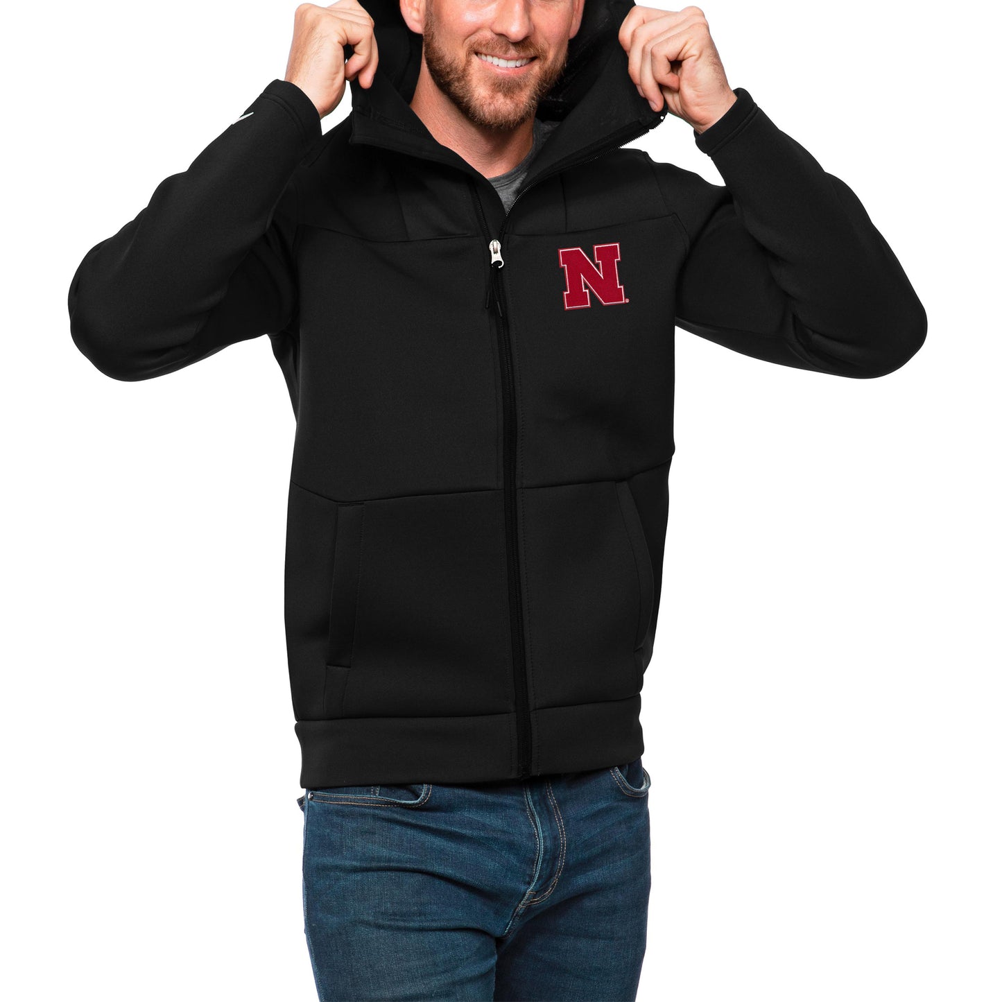 Men's Antigua Black Nebraska Huskers Protect Full-Zip Hoodie