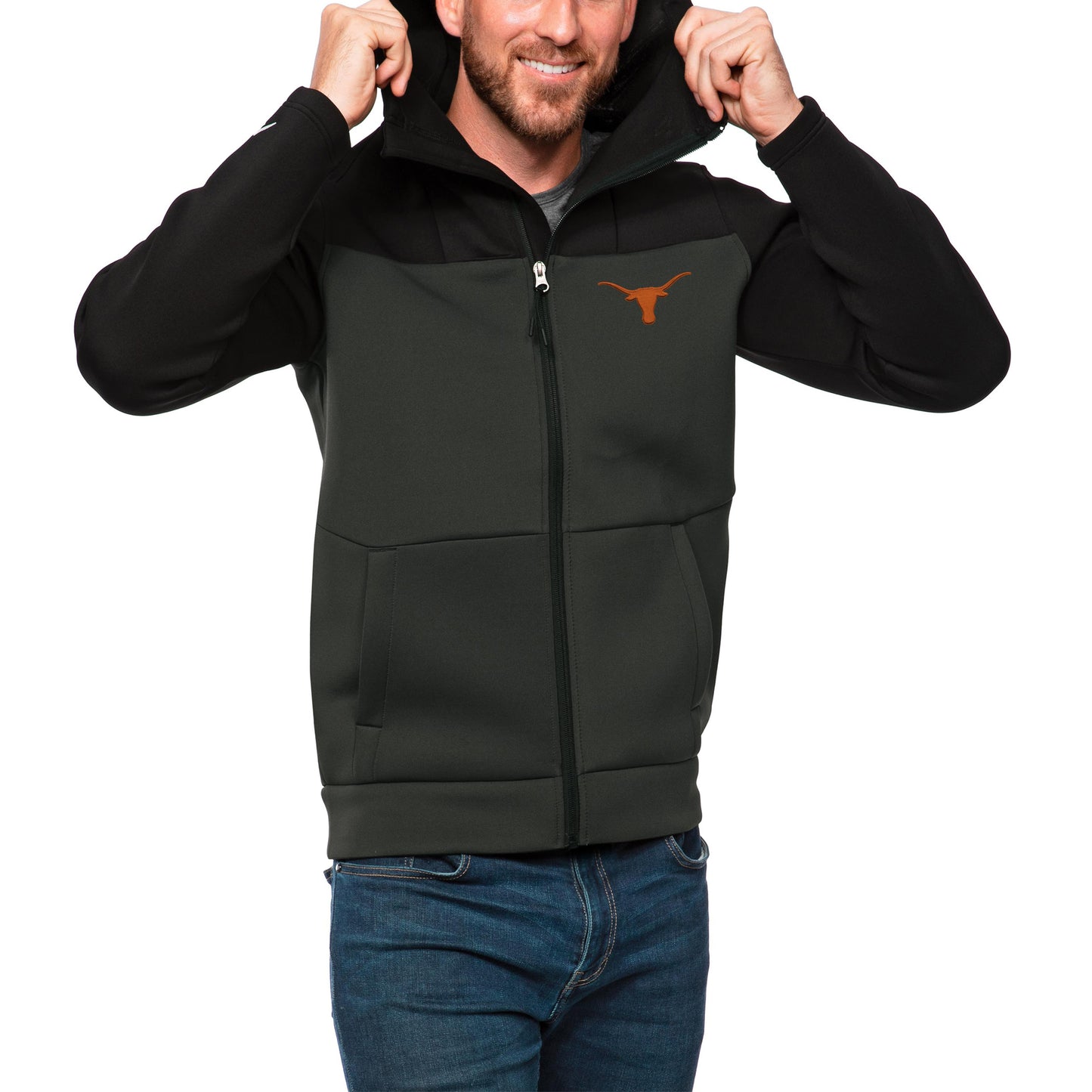 Men's Antigua Black/Charcoal Texas Longhorns Protect Full-Zip Hoodie