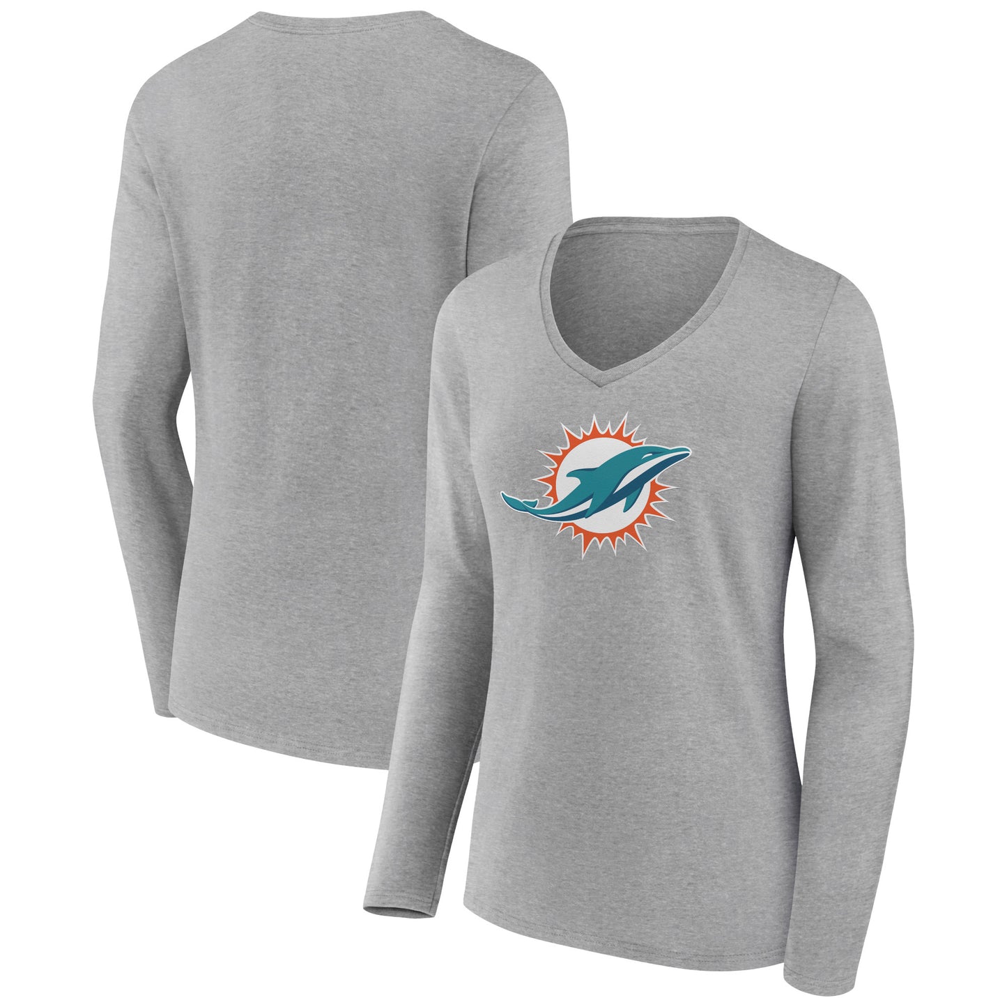 Women's Heather Gray Miami Dolphins Primary Team Logo Long Sleeve V-Neck T-Shirt