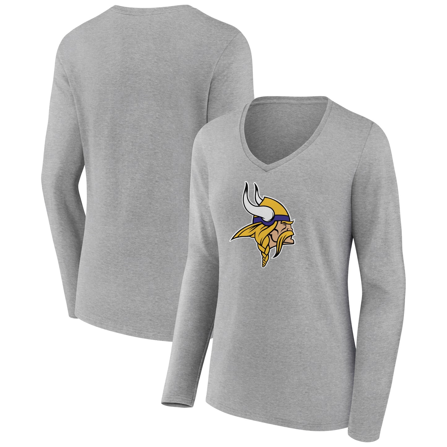 Women's Heather Gray Minnesota Vikings Primary Team Logo Long Sleeve V-Neck T-Shirt