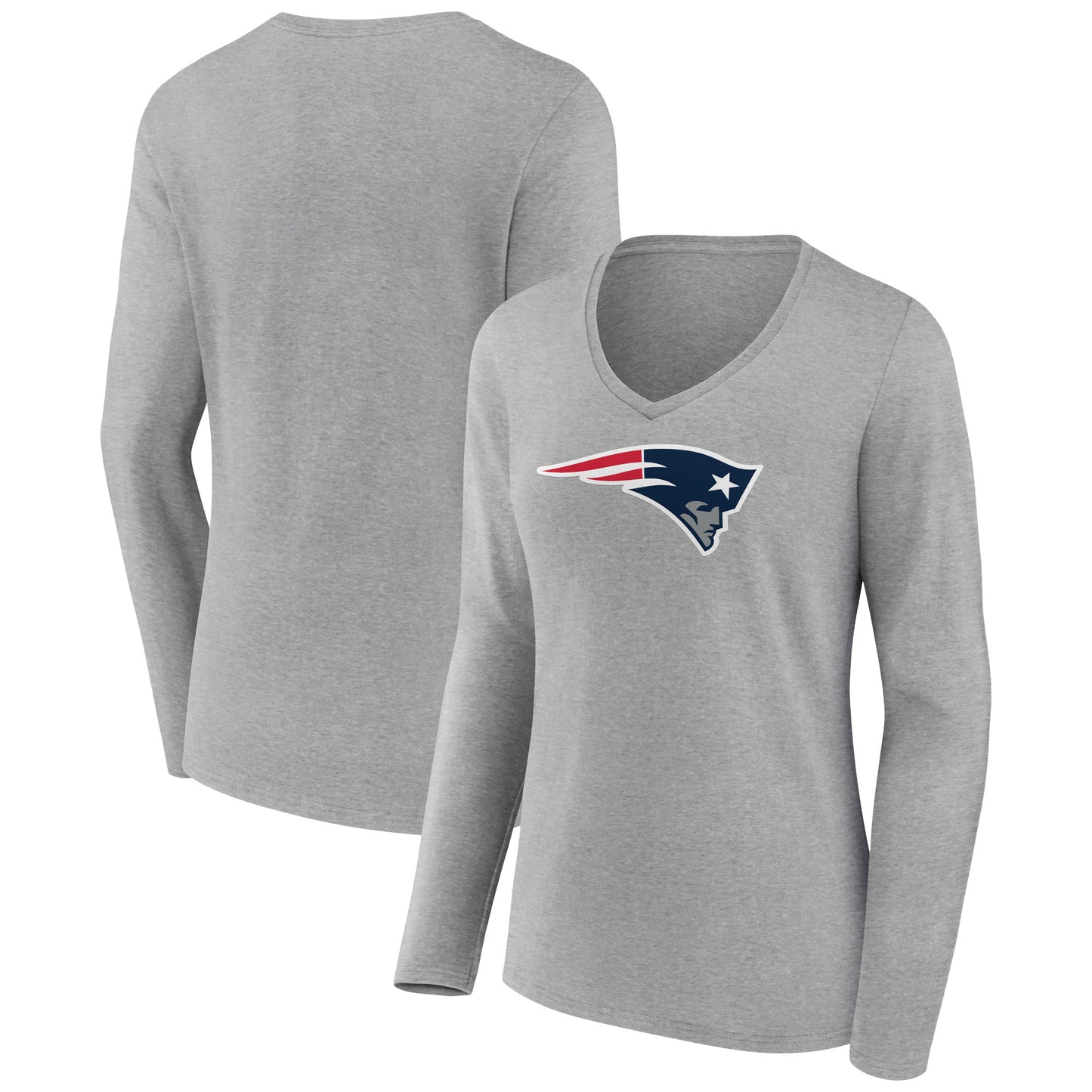 Women's Heather Gray New England Patriots Primary Team Logo Long Sleeve V-Neck T-Shirt