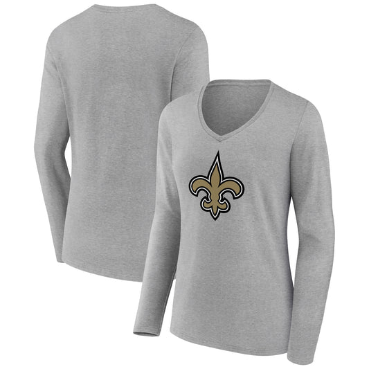 Women's Heather Gray New Orleans Saints Primary Team Logo Long Sleeve V-Neck T-Shirt