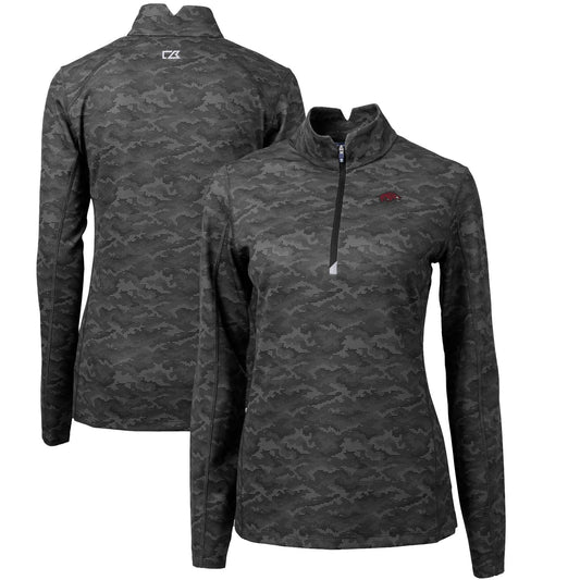 Women's Cutter & Buck Black Arkansas Razorbacks Traverse Camo Quarter-Zip Pullover Top