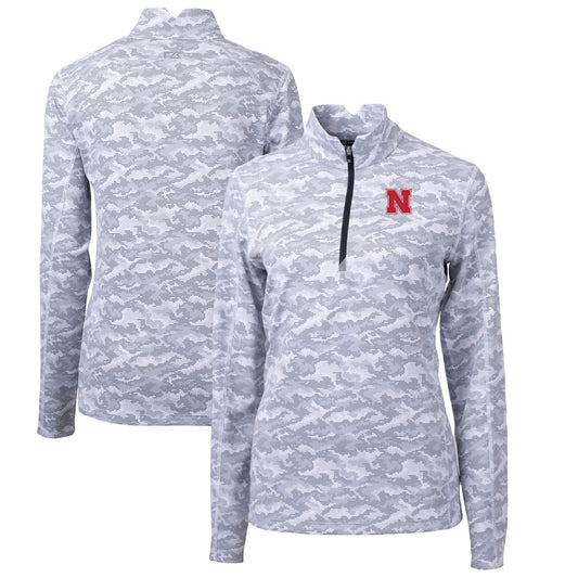 Women's Cutter & Buck Charcoal Nebraska Huskers Traverse Camo Quarter-Zip Pullover Top