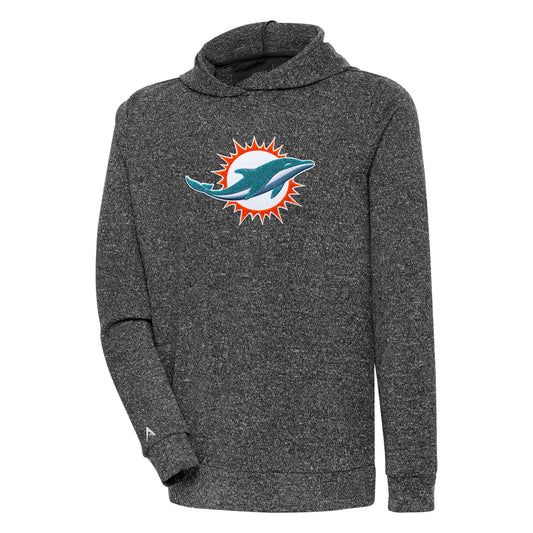 Men's Antigua Heathered Black Miami Dolphins Absolute Chenille Pullover Hoodie