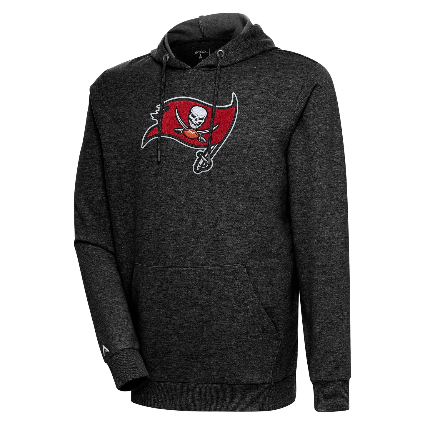 Men's Antigua Heathered Black Tampa Bay Buccaneers Action Chenille Pullover Hoodie