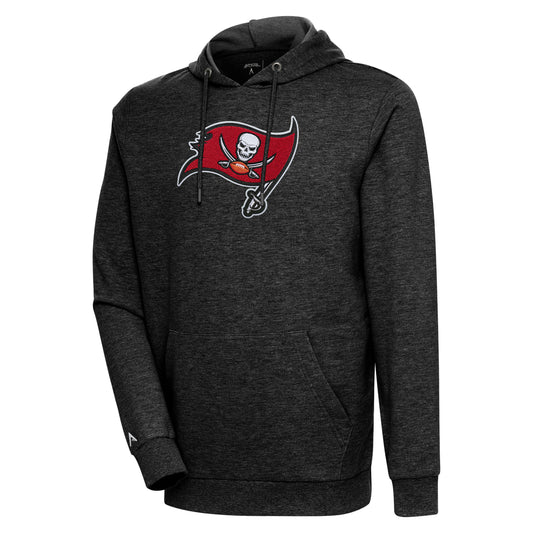 Men's Antigua Heathered Black Tampa Bay Buccaneers Action Chenille Pullover Hoodie