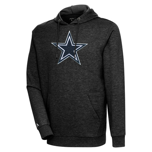 Men's Antigua Heathered Black Dallas Cowboys Action Chenille Pullover Hoodie