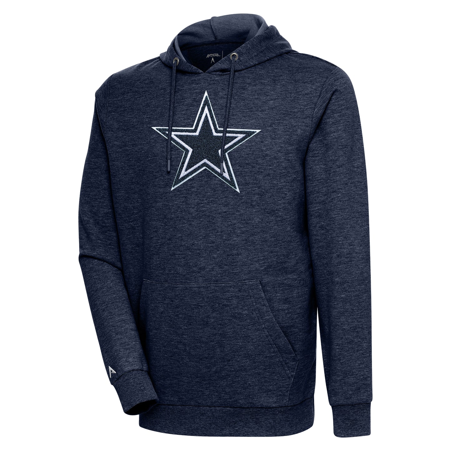 Men's Antigua Heathered Navy Dallas Cowboys Action Chenille Pullover Hoodie