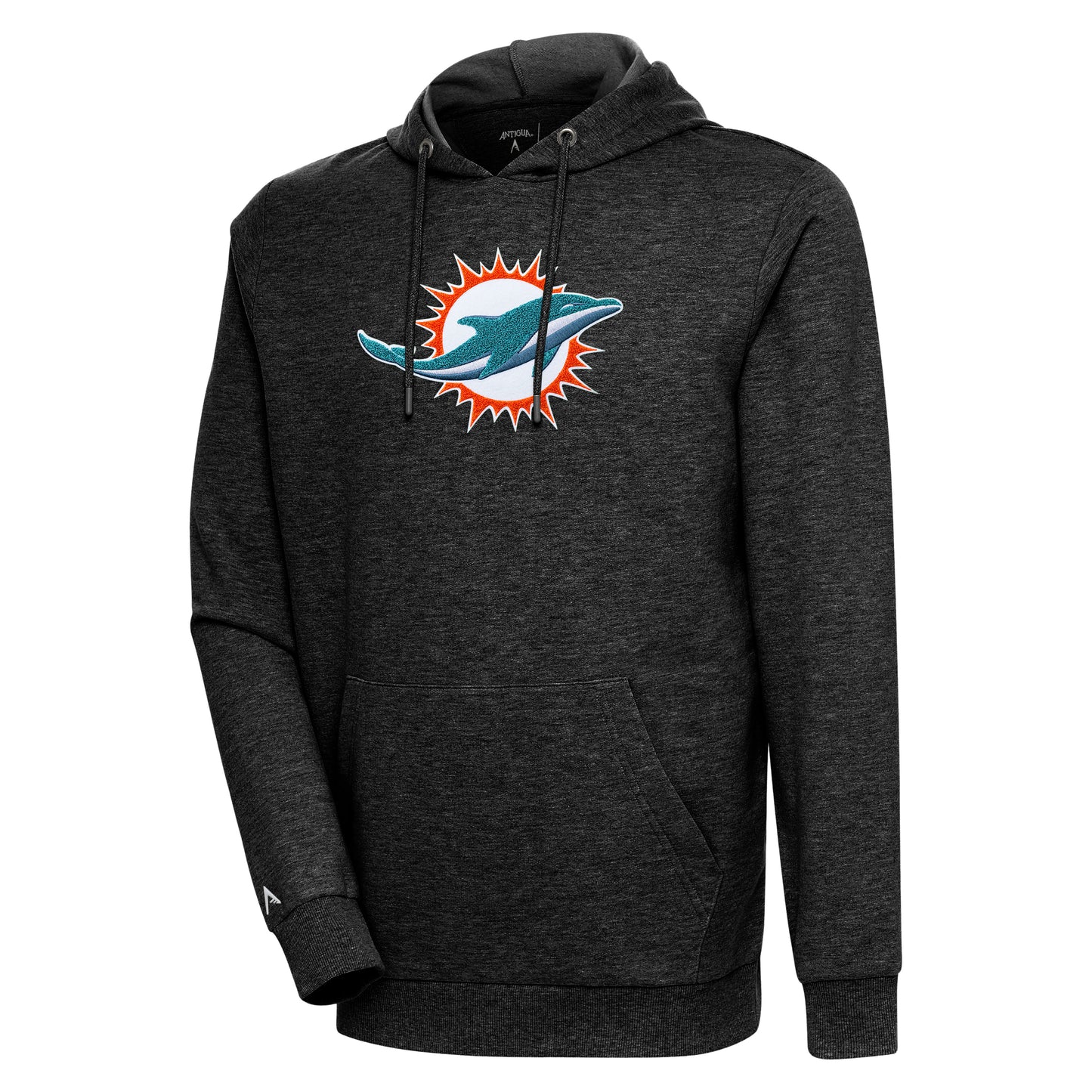 Men's Antigua Heathered Black Miami Dolphins Action Chenille Pullover Hoodie