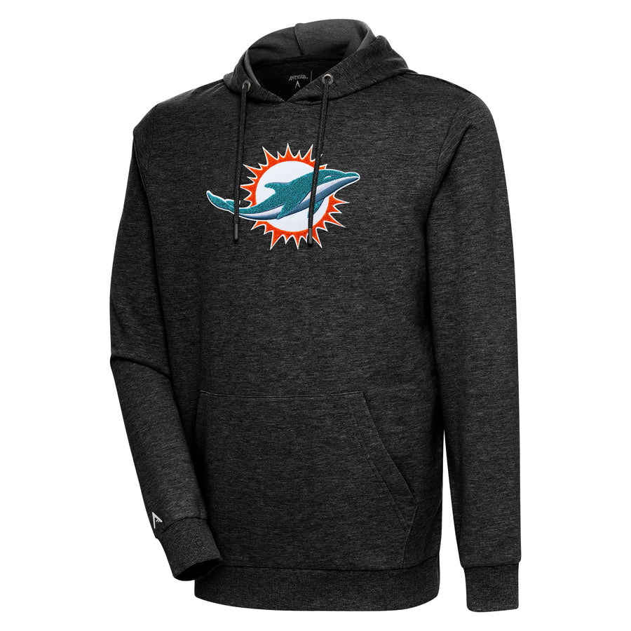 Men's Antigua Heathered Black Miami Dolphins Action Chenille Pullover Hoodie