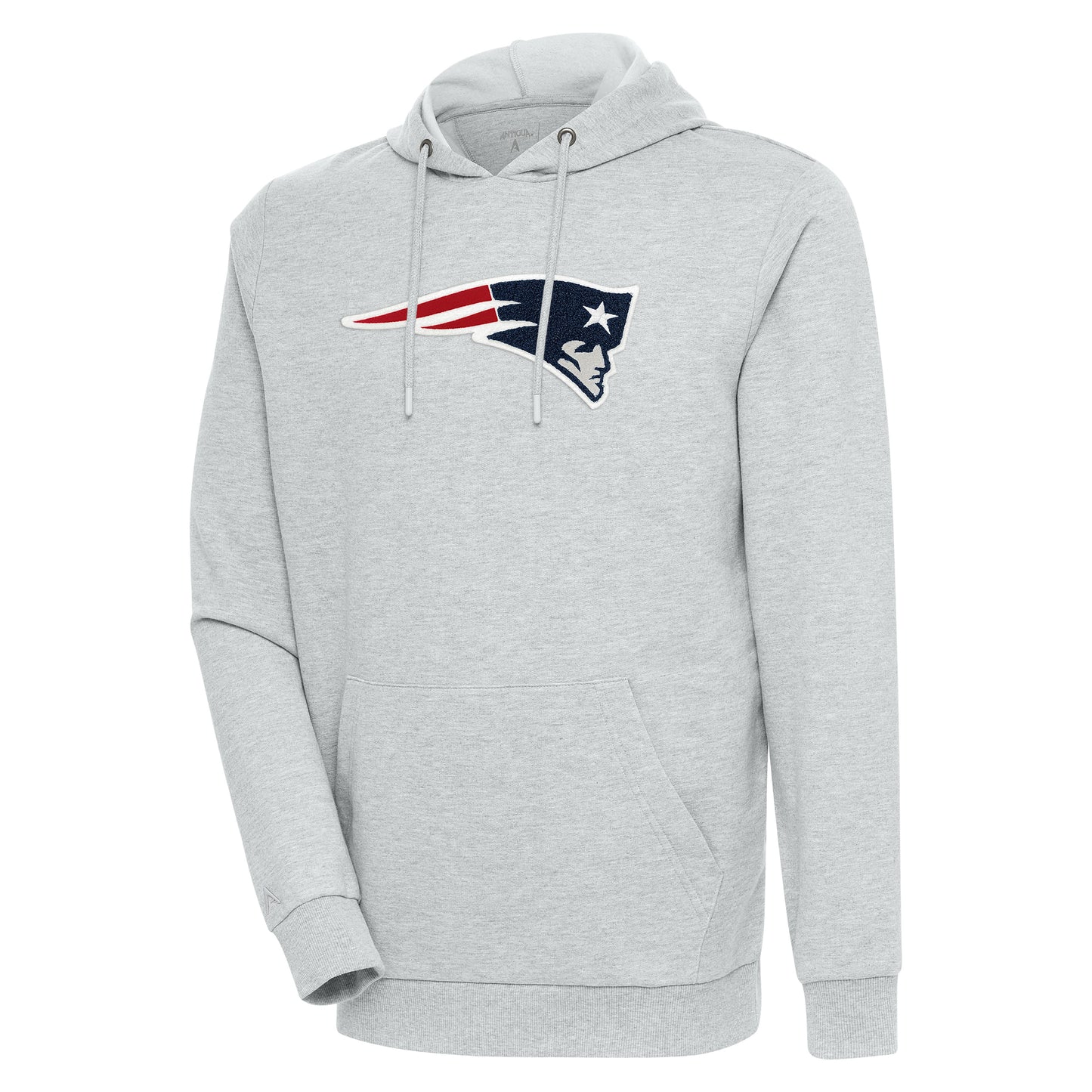 Men's Antigua Heathered Gray New England Patriots Action Chenille Pullover Hoodie