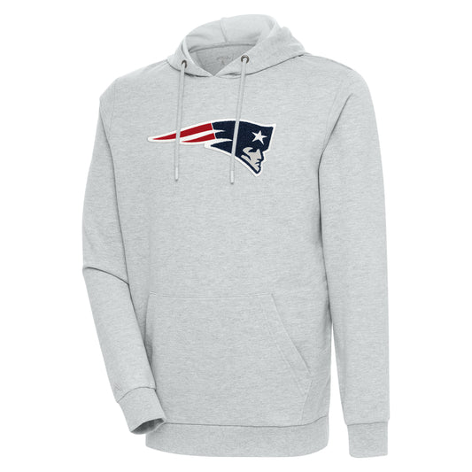 Men's Antigua Heathered Gray New England Patriots Action Chenille Pullover Hoodie