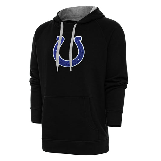 Men's Antigua Black Indianapolis Colts Victory Chenille Pullover Hoodie