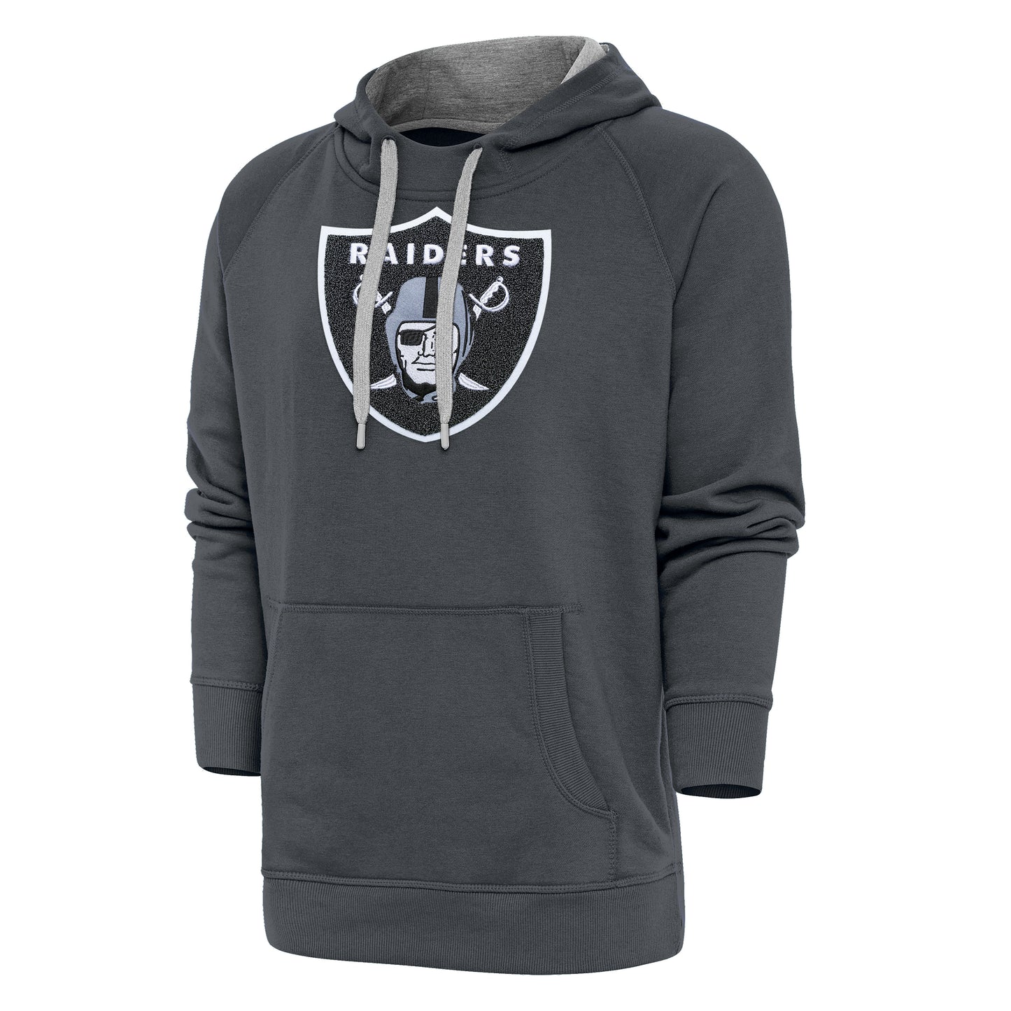 Men's Antigua Charcoal Las Vegas Raiders Victory Chenille Pullover Hoodie