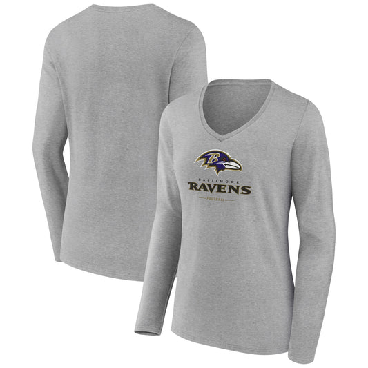 Women's Heather Gray Baltimore Ravens Logo Team Lockup Long Sleeve V-Neck T-Shirt