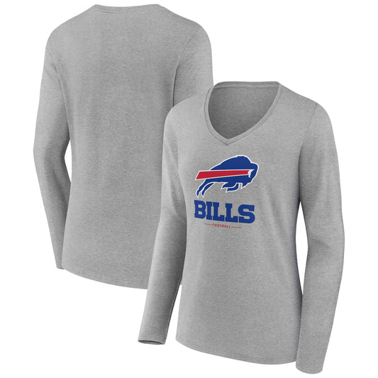 Women's Heather Gray Buffalo Bills Logo Team Lockup Long Sleeve V-Neck T-Shirt