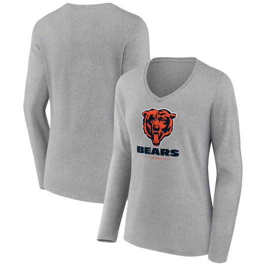 Women's Heather Gray Chicago Bears Logo Team Lockup Long Sleeve V-Neck T-Shirt