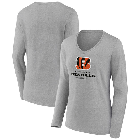 Women's Heather Gray Cincinnati Bengals Logo Team Lockup Long Sleeve V-Neck T-Shirt