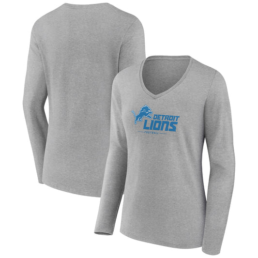 Women's Heather Gray Detroit Lions Logo Team Lockup Long Sleeve V-Neck T-Shirt