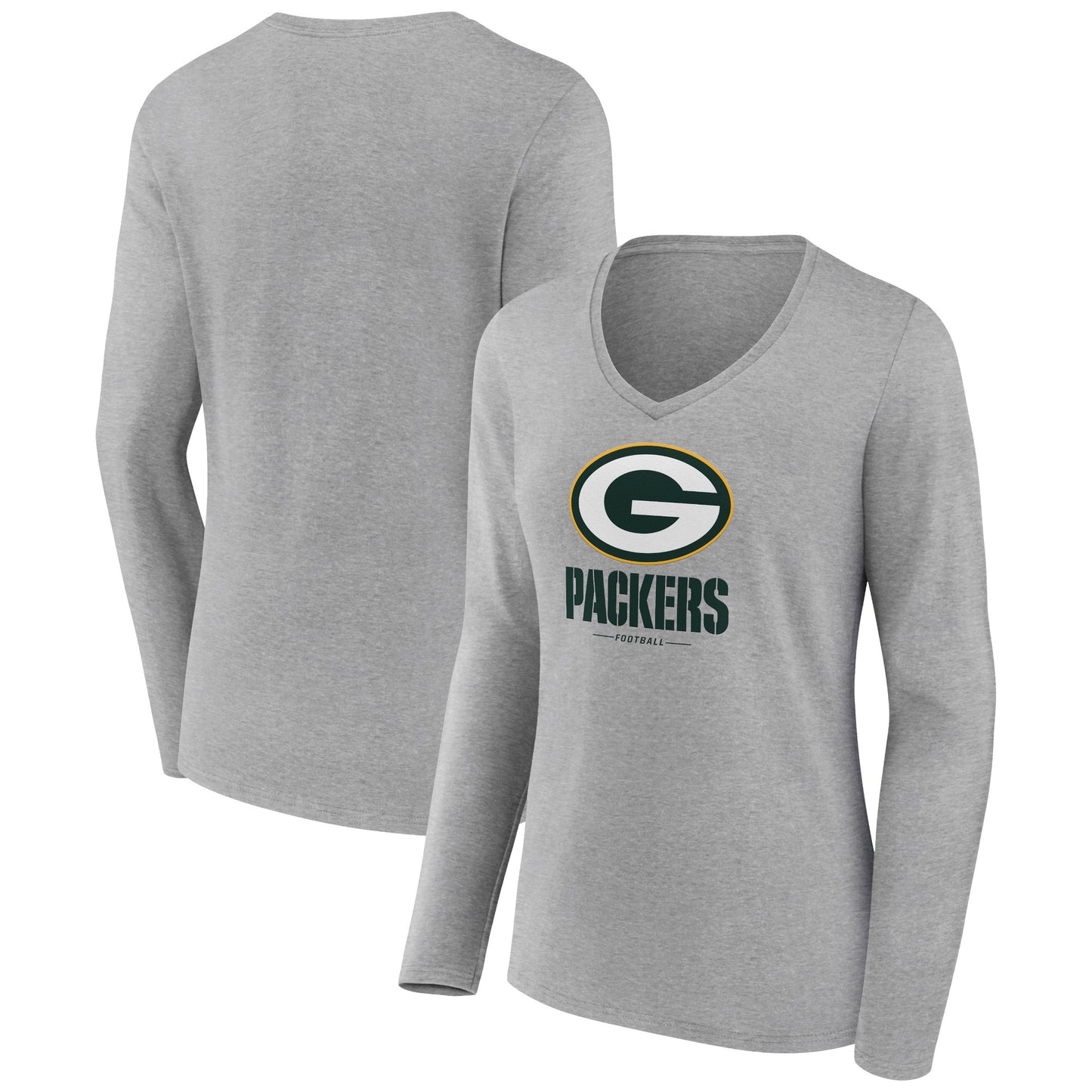 Women's Heather Gray Green Bay Packers Logo Team Lockup Long Sleeve V-Neck T-Shirt