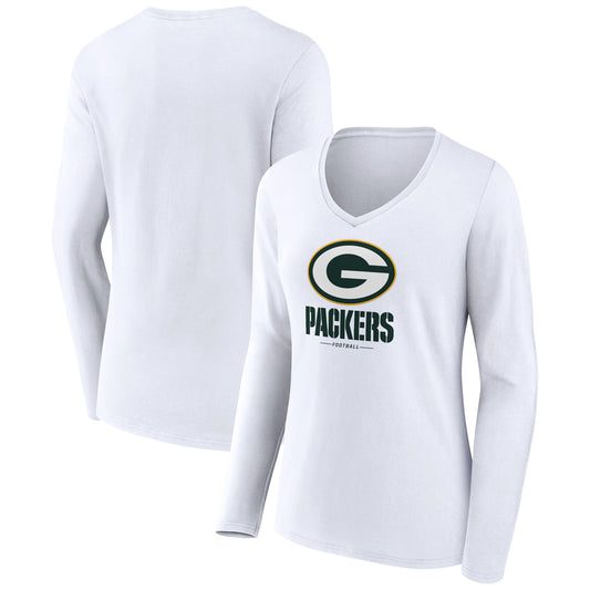 Women's White Green Bay Packers Logo Team Lockup Long Sleeve V-Neck T-Shirt