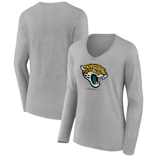 Women's Heather Gray Jacksonville Jaguars Logo Team Lockup Long Sleeve V-Neck T-Shirt