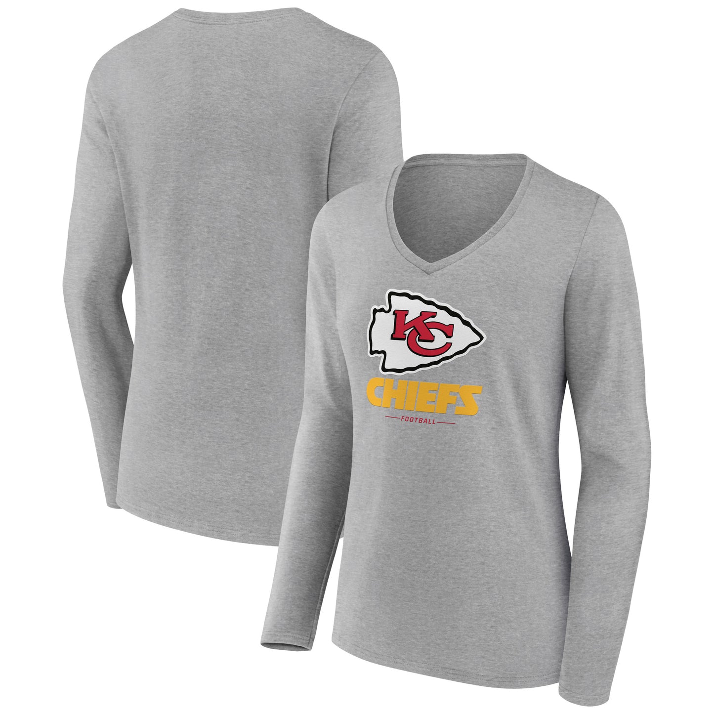 Women's Heather Gray Kansas City Chiefs Logo Team Lockup Long Sleeve V-Neck T-Shirt