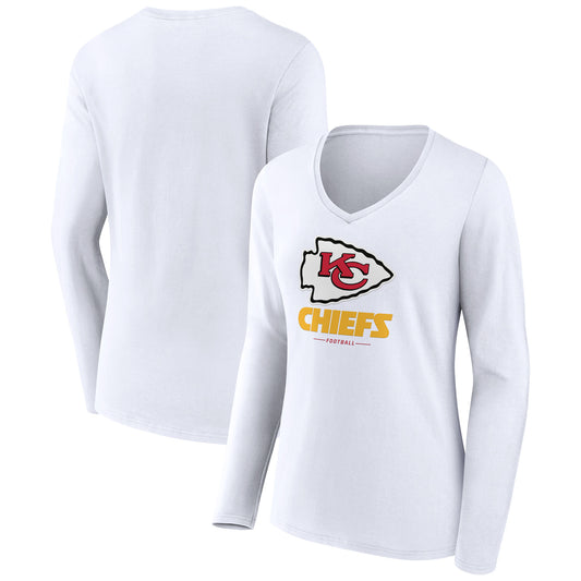 Women's White Kansas City Chiefs Logo Team Lockup Long Sleeve V-Neck T-Shirt