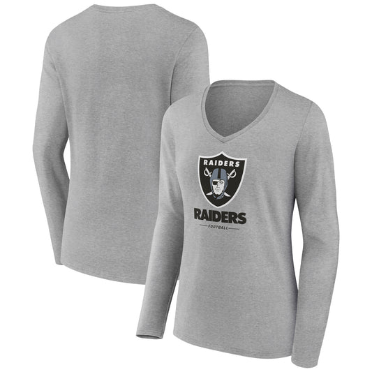 Women's Heather Gray Las Vegas Raiders Logo Team Lockup Long Sleeve V-Neck T-Shirt