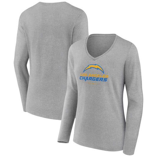 Women's Heather Gray Los Angeles Chargers Logo Team Lockup Long Sleeve V-Neck T-Shirt