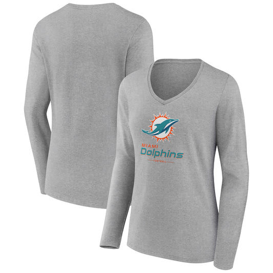 Women's Heather Gray Miami Dolphins Logo Team Lockup Long Sleeve V-Neck T-Shirt