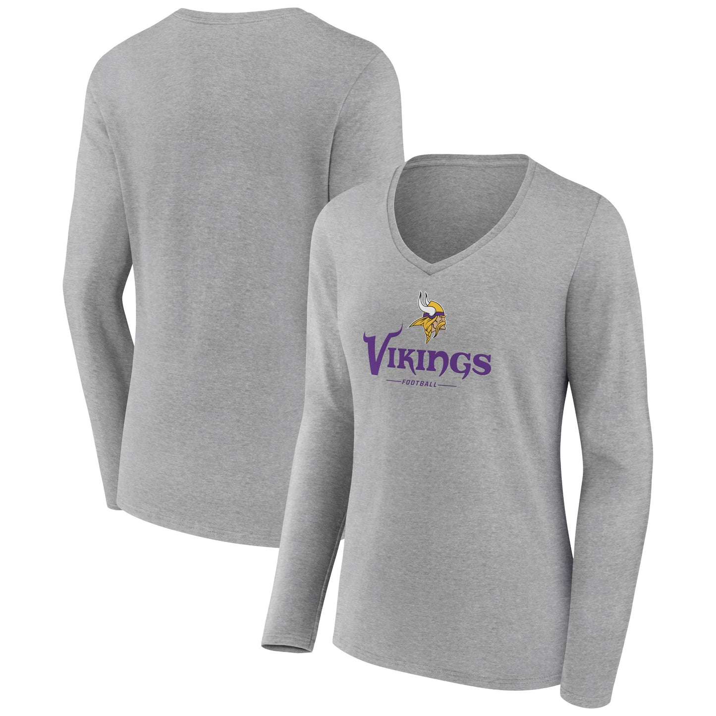 Women's Heather Gray Minnesota Vikings Logo Team Lockup Long Sleeve V-Neck T-Shirt