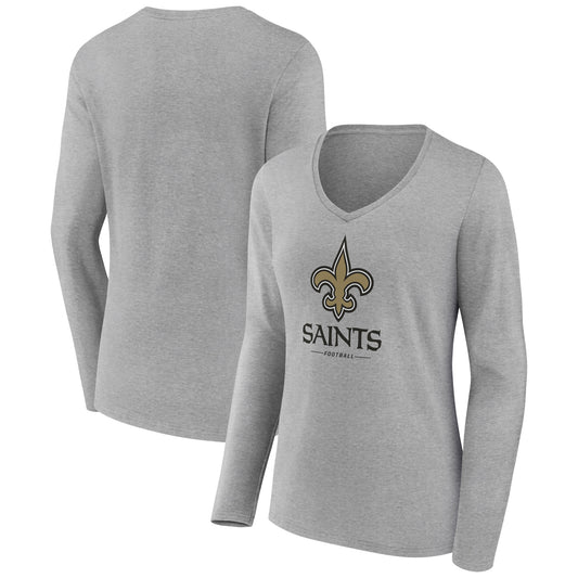 Women's Heather Gray New Orleans Saints Logo Team Lockup Long Sleeve V-Neck T-Shirt