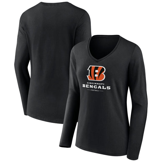 Women's Black Cincinnati Bengals Logo Team Lockup Long Sleeve V-Neck T-Shirt